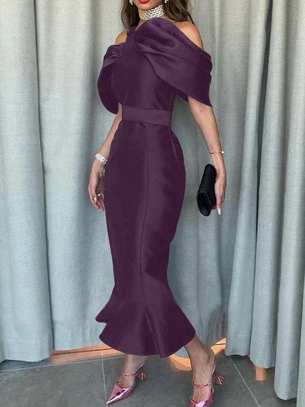 Off-the-Shoulder Formal Cocktail Dresses Mermaid/Trumpet Sleeves Party Dress Satin Ankle-Length With Ruffles - Image 9