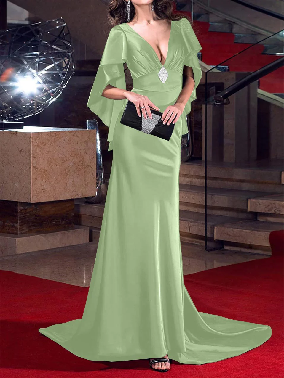 Mermaid/Trumpet  Plunging Neck Sweep/Brush Train Evening Dresses with Crystals - Image 16