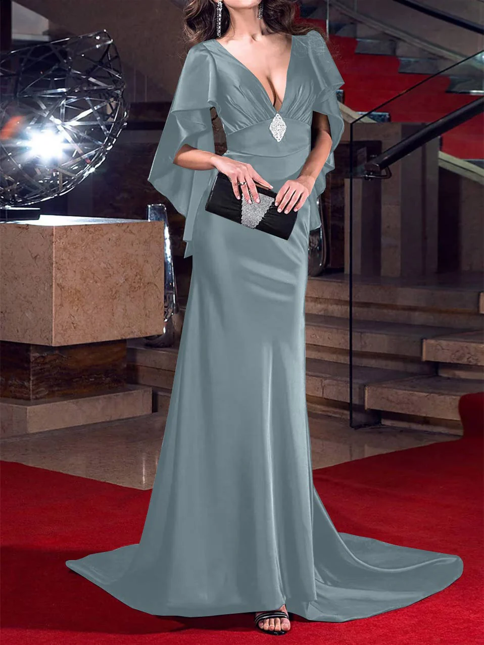 Mermaid/Trumpet  Plunging Neck Sweep/Brush Train Evening Dresses with Crystals - Image 9