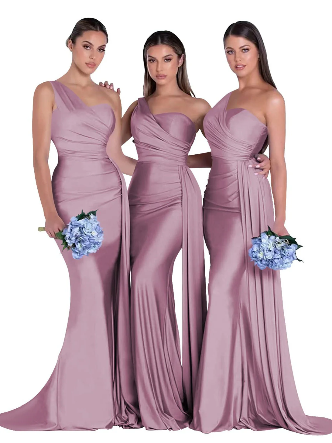 Mermaid/Trumpet Satin One-Shoulder Sleeveless Floor-Length Bridesmaid Dresses - Image 18