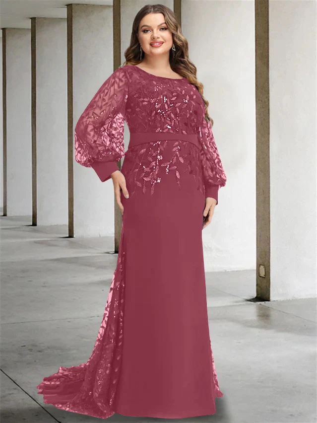 Mermaid/Trumpet Scoop Neck Long Sleeves Floor-Length Plus Size Mother of the Bride Dresses with Sequins - Image 32