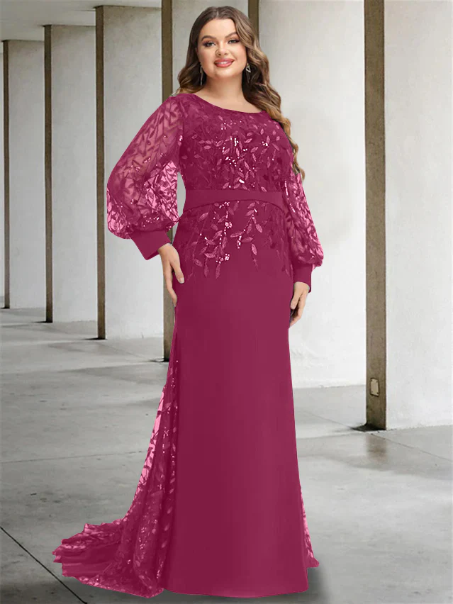 Mermaid/Trumpet Scoop Neck Long Sleeves Floor-Length Plus Size Mother of the Bride Dresses with Sequins - Image 35