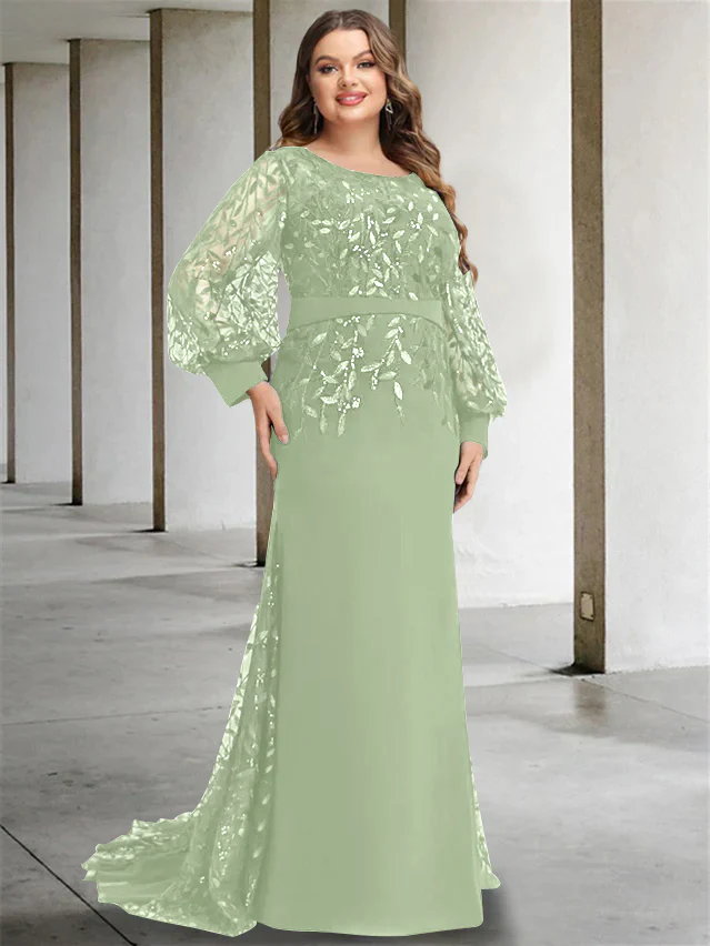 Mermaid/Trumpet Scoop Neck Long Sleeves Floor-Length Plus Size Mother of the Bride Dresses with Sequins - Image 44