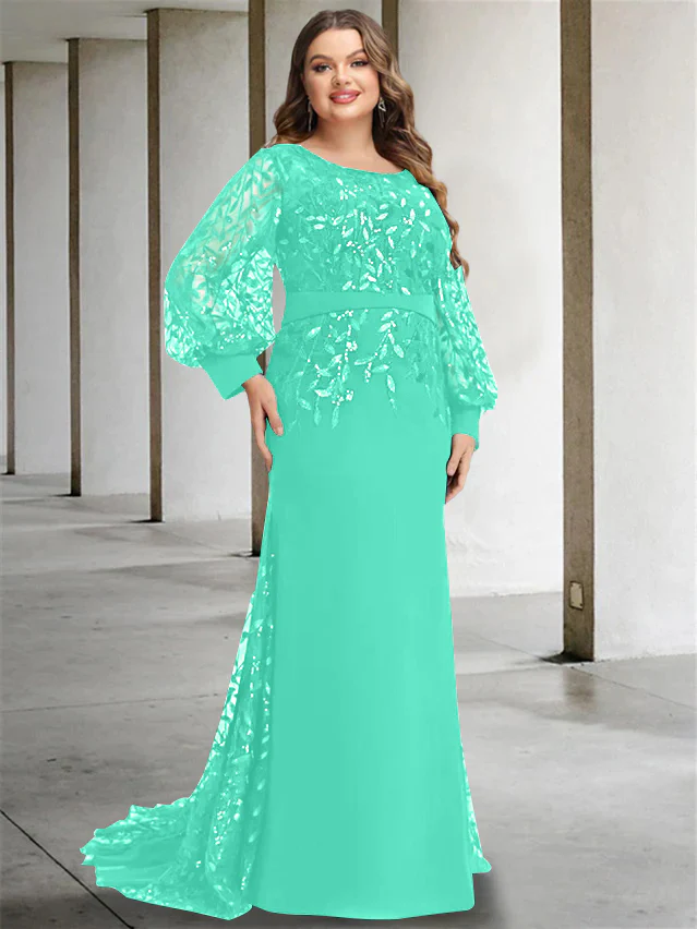 Mermaid/Trumpet Scoop Neck Long Sleeves Floor-Length Plus Size Mother of the Bride Dresses with Sequins - Image 47