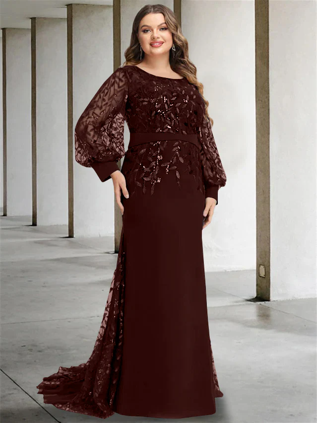 Mermaid/Trumpet Scoop Neck Long Sleeves Floor-Length Plus Size Mother of the Bride Dresses with Sequins - Image 6