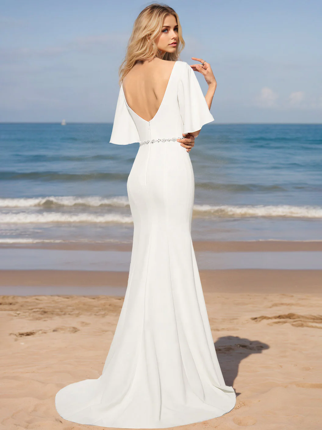 Mermaid/Trumpet V-Neck Half Sleeves Floor-Length Wedding Dresses with Sequins - Image 2