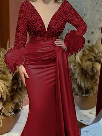 Mermaid/Trumpet V Neck Long Sleeve Court Train Mother of the Bride Dresses Satin with Feather Glitter Ruched - Image 9