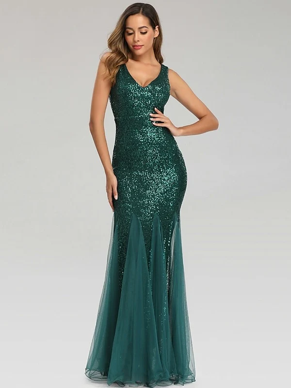 Mermaid/Trumpet V-Neck Sleeveless Floor-Length Party Cocktail Dress with Sequins - Image 5