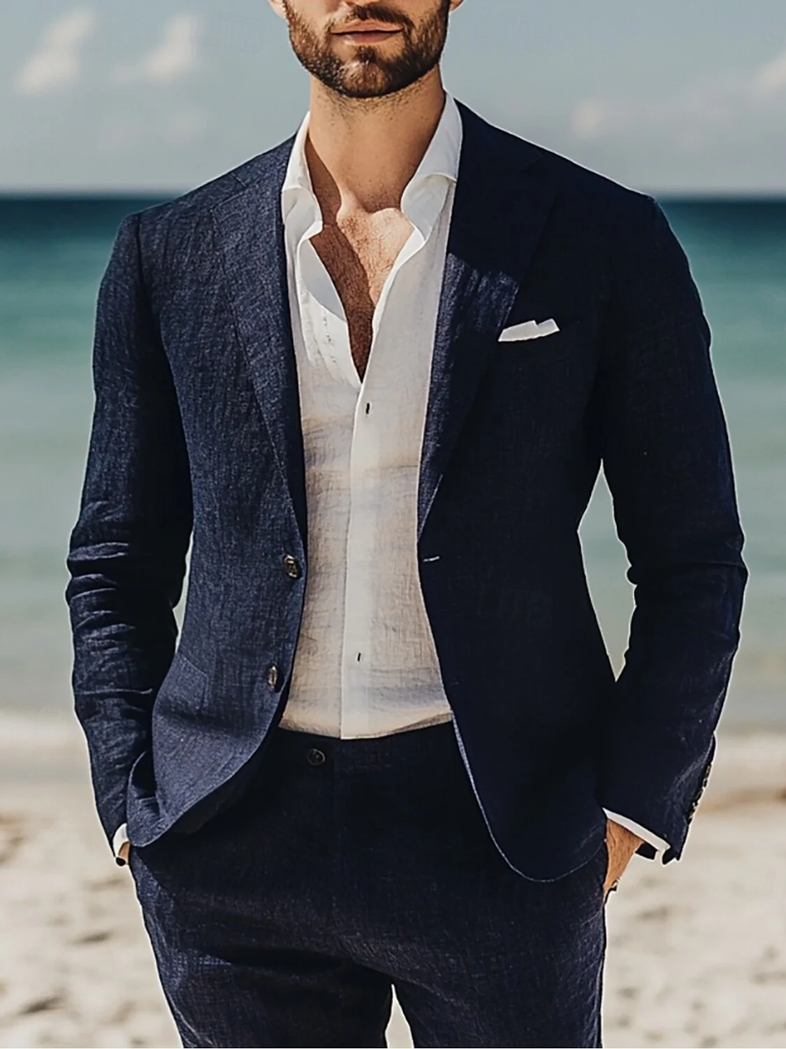 Navy Blue Men's Beach Casual Fashion Lightweight Standard Fit Single Breasted Two-buttons 2 Piece  Wedding Linen Suits - Image 2
