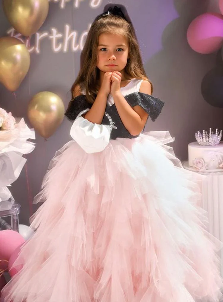 Off-the-Should Floor Length A-Line/Princess Girl Party Dress with Ruffles Tulle - Image 4