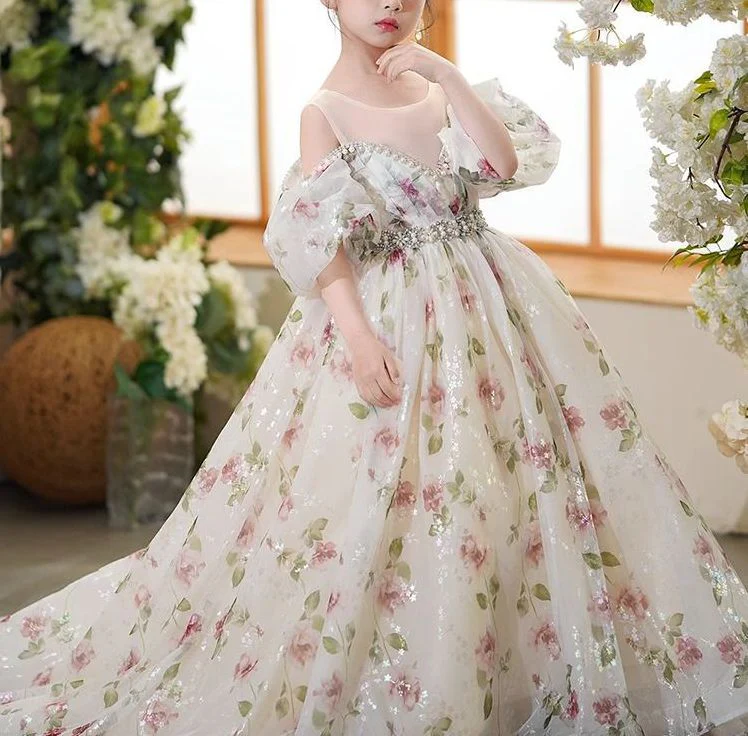 Off-the-Shoulder Rhinestone Belt Princess Flower Girl Party Dresses with Train - Image 3
