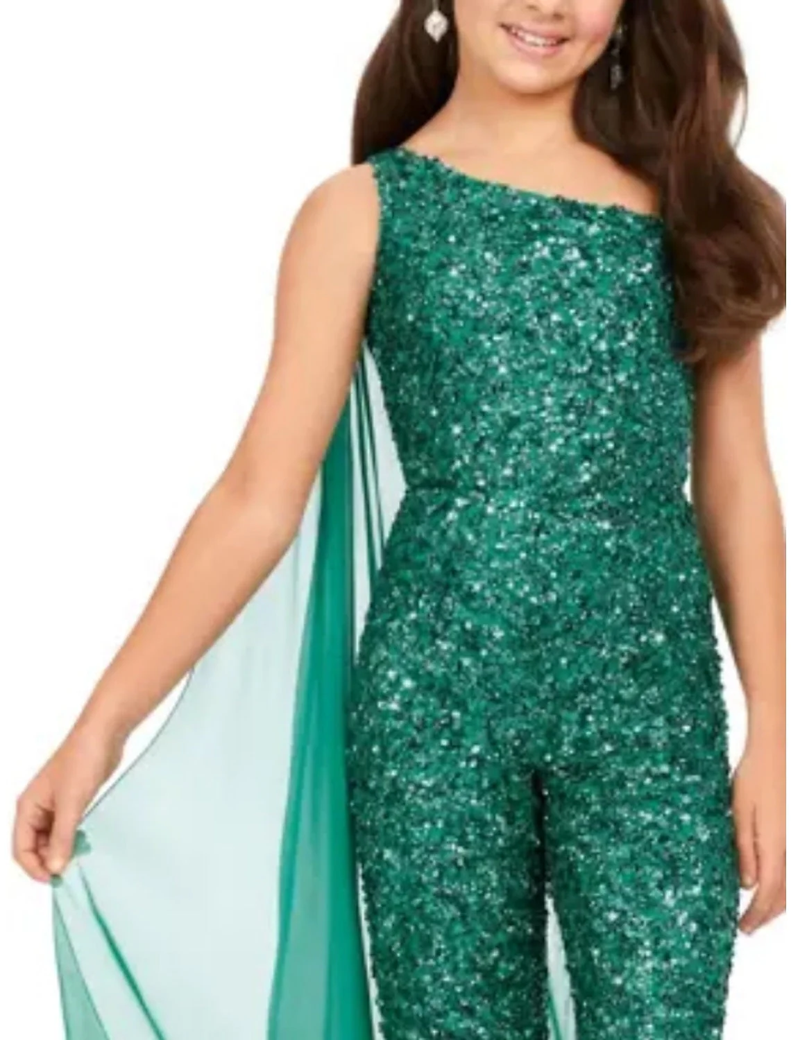 One-Shoulder Sleeveless Girls Jumpsuits with Sequins & Watteau Train - Image 3