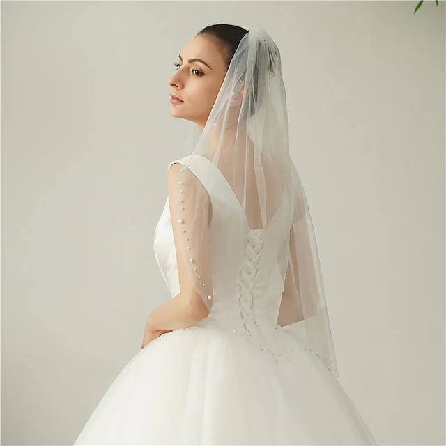 One-tier Pearl Wedding Veils Elbow Veils with Faux Pearl - Image 4