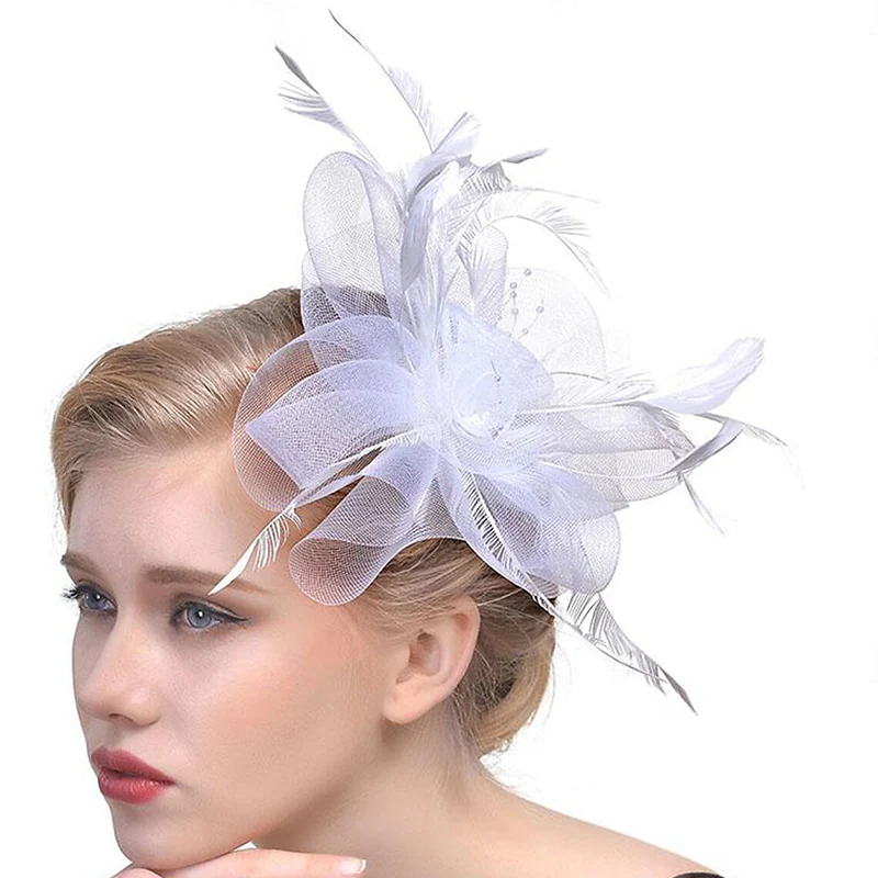 Organza Fedora Hat Ladies Day Feather Cocktail Headpiece/Veil Hat With Bow - Image 5