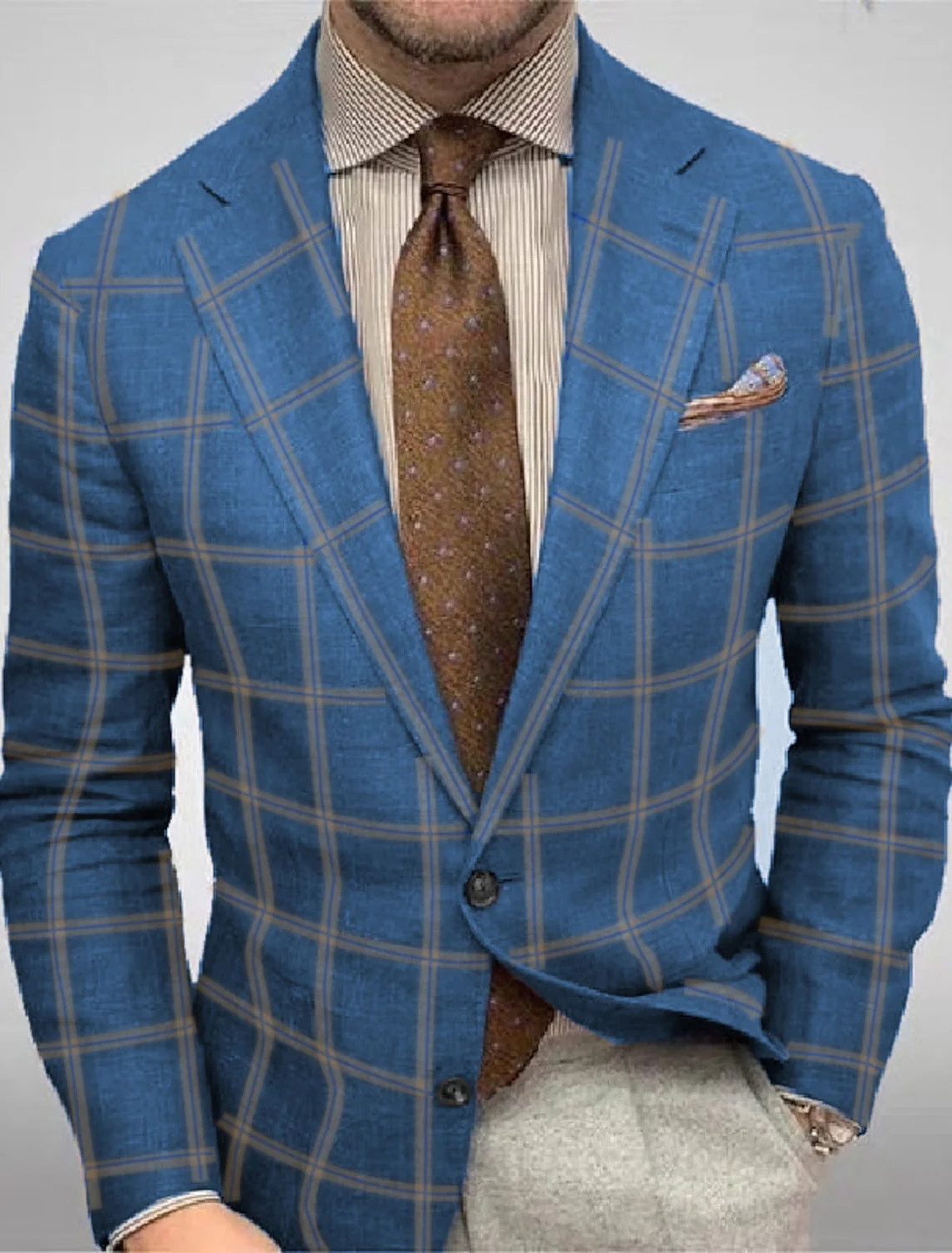 Pink Blue Men's Tailored Fit Single Breasted Two-buttons Plaid Casual Jacket - Image 2