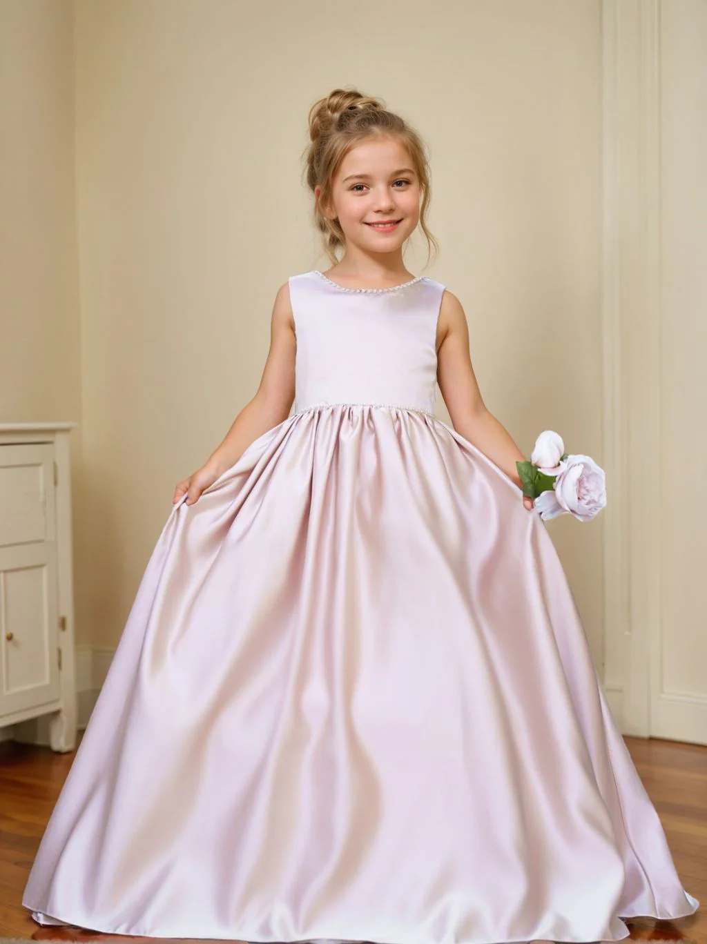 Pink Sleeveless Satin Beaded Neckline and Bow Detail Dress - Image 3
