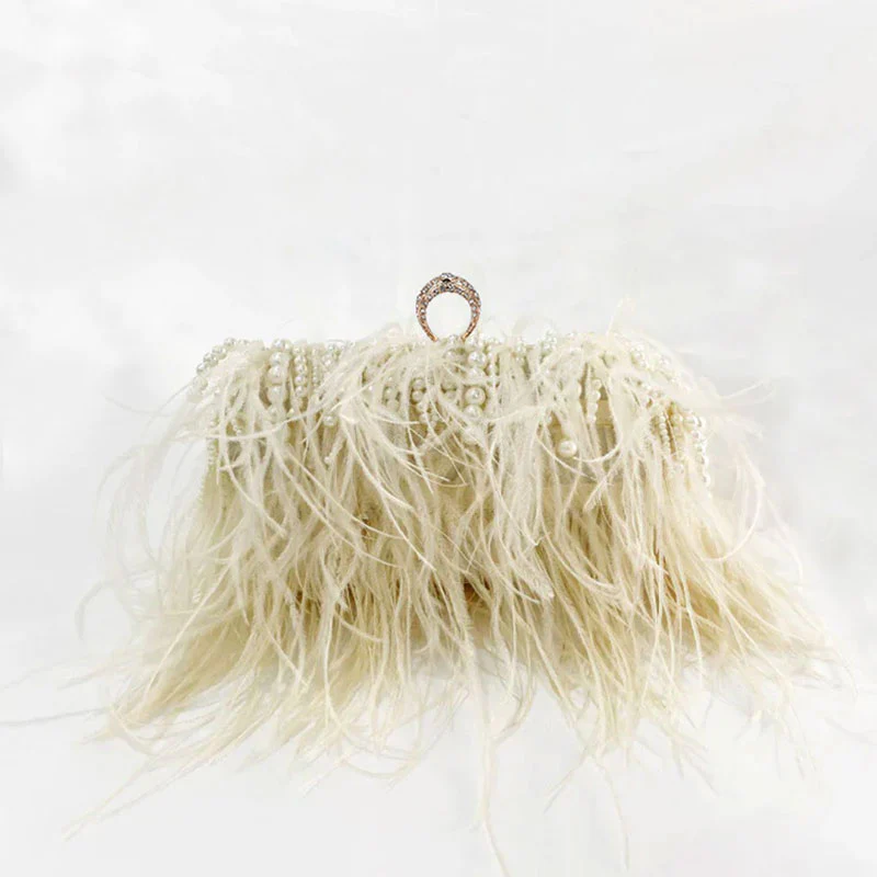 Pleated Chain Ostrich Feather Clutch Hand Bags - Image 11