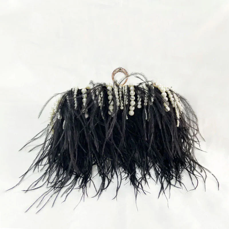 Pleated Chain Ostrich Feather Clutch Hand Bags - Image 12