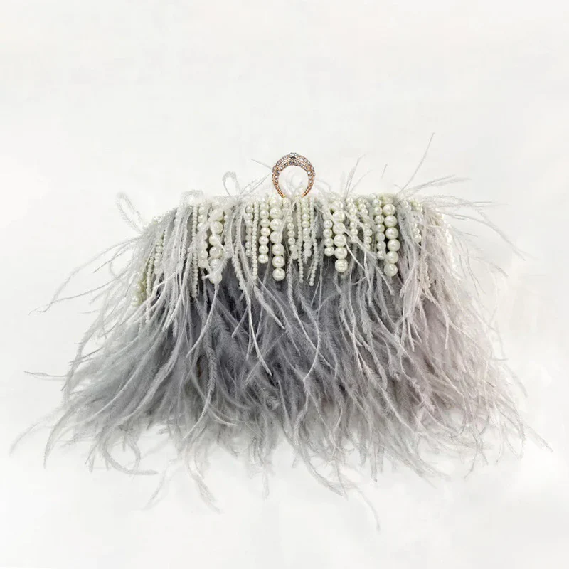 Pleated Chain Ostrich Feather Clutch Hand Bags - Image 13