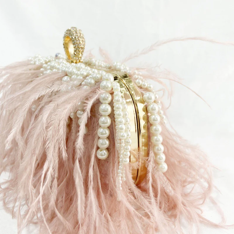Pleated Chain Ostrich Feather Clutch Hand Bags - Image 2