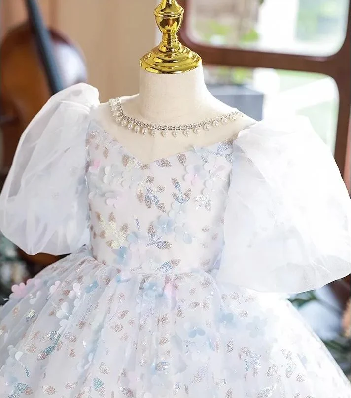 Princess Short Sleeves Ball Gown Girl Party Dress with Crystal Flower Appliques - Image 6
