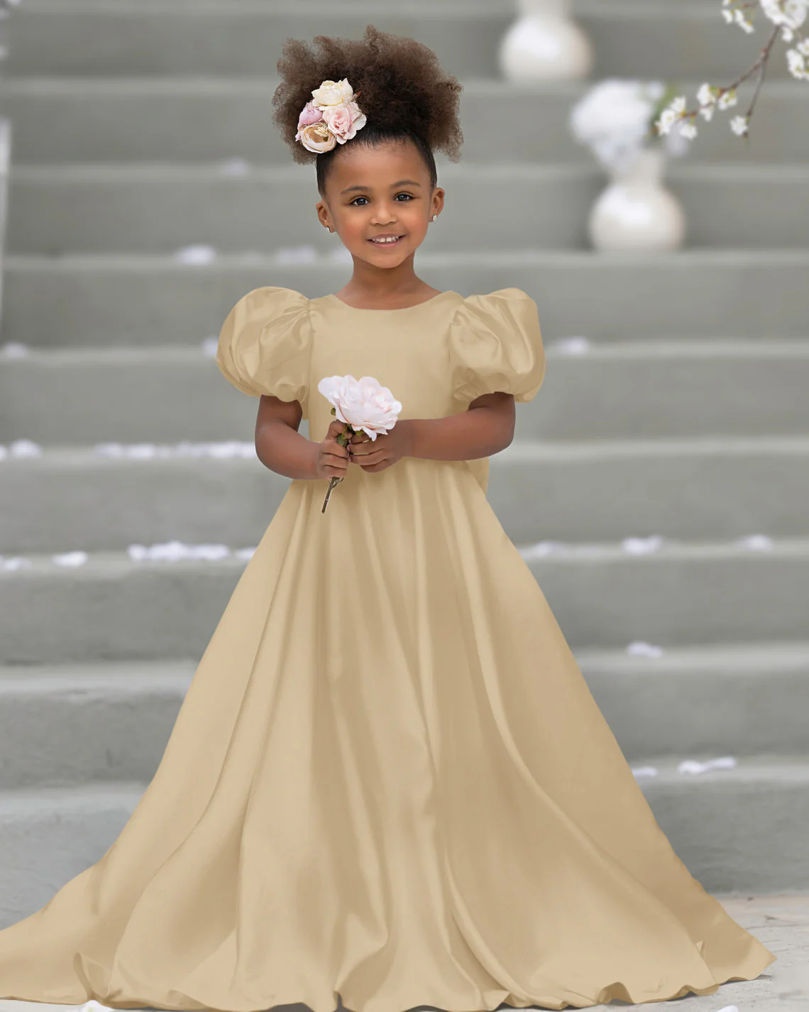 Puff Sleeve Bow Button Back Sweep Train Flower Girl Dress - Image 10