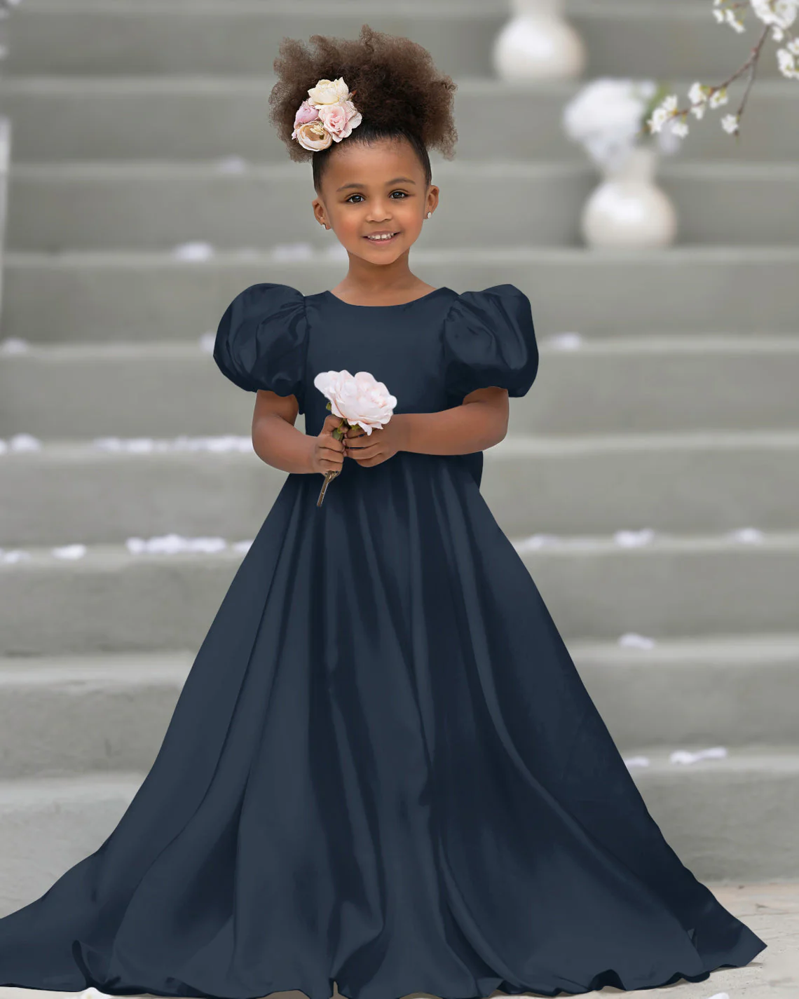 Puff Sleeve Bow Button Back Sweep Train Flower Girl Dress - Image 15