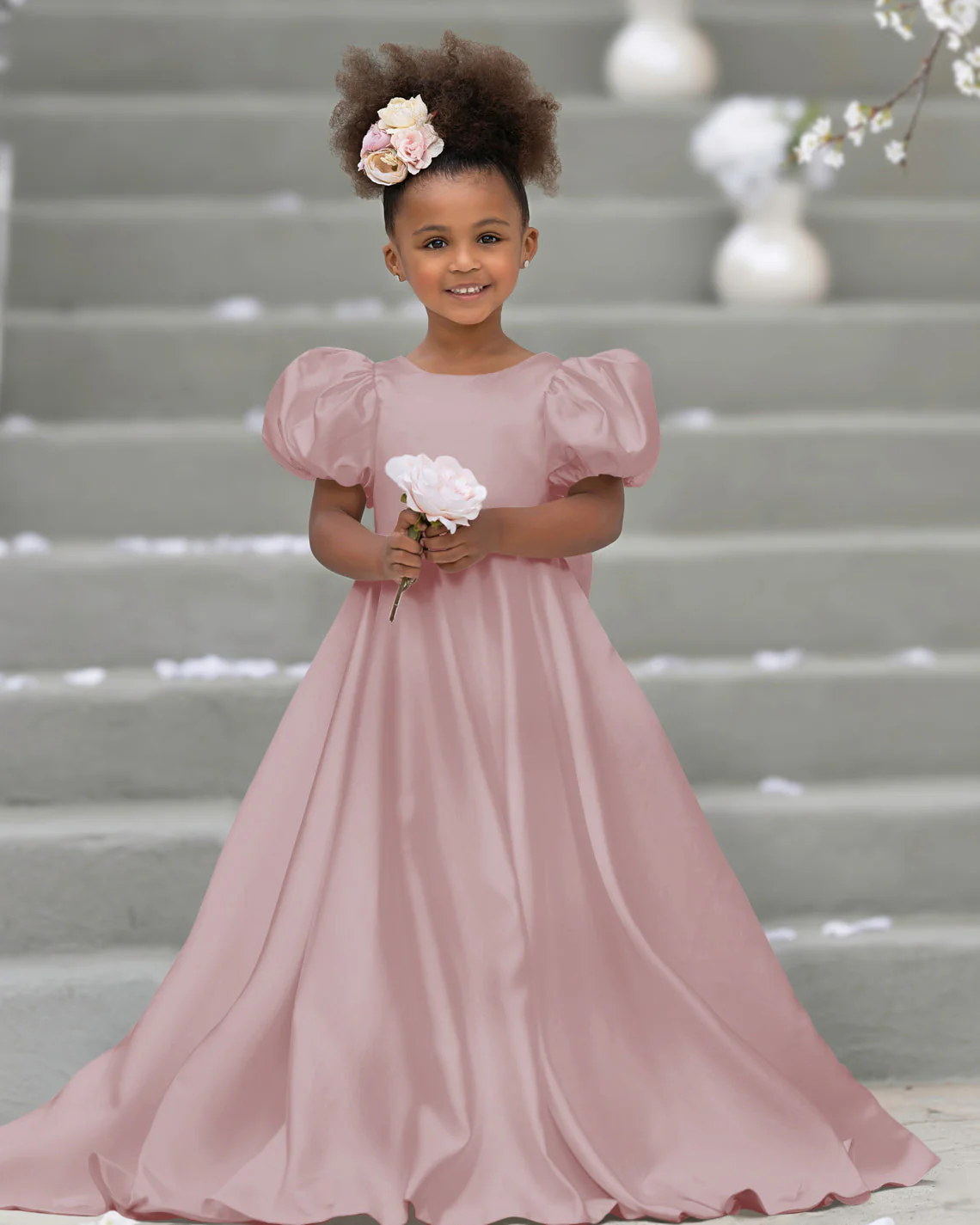 Puff Sleeve Bow Button Back Sweep Train Flower Girl Dress - Image 16