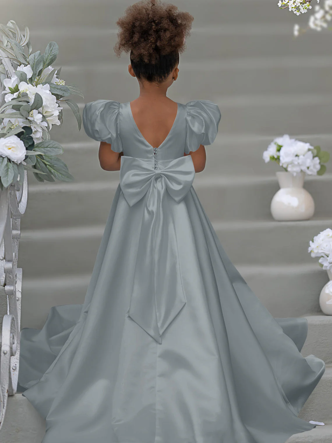 Puff Sleeve Bow Button Back Sweep Train Flower Girl Dress - Image 29