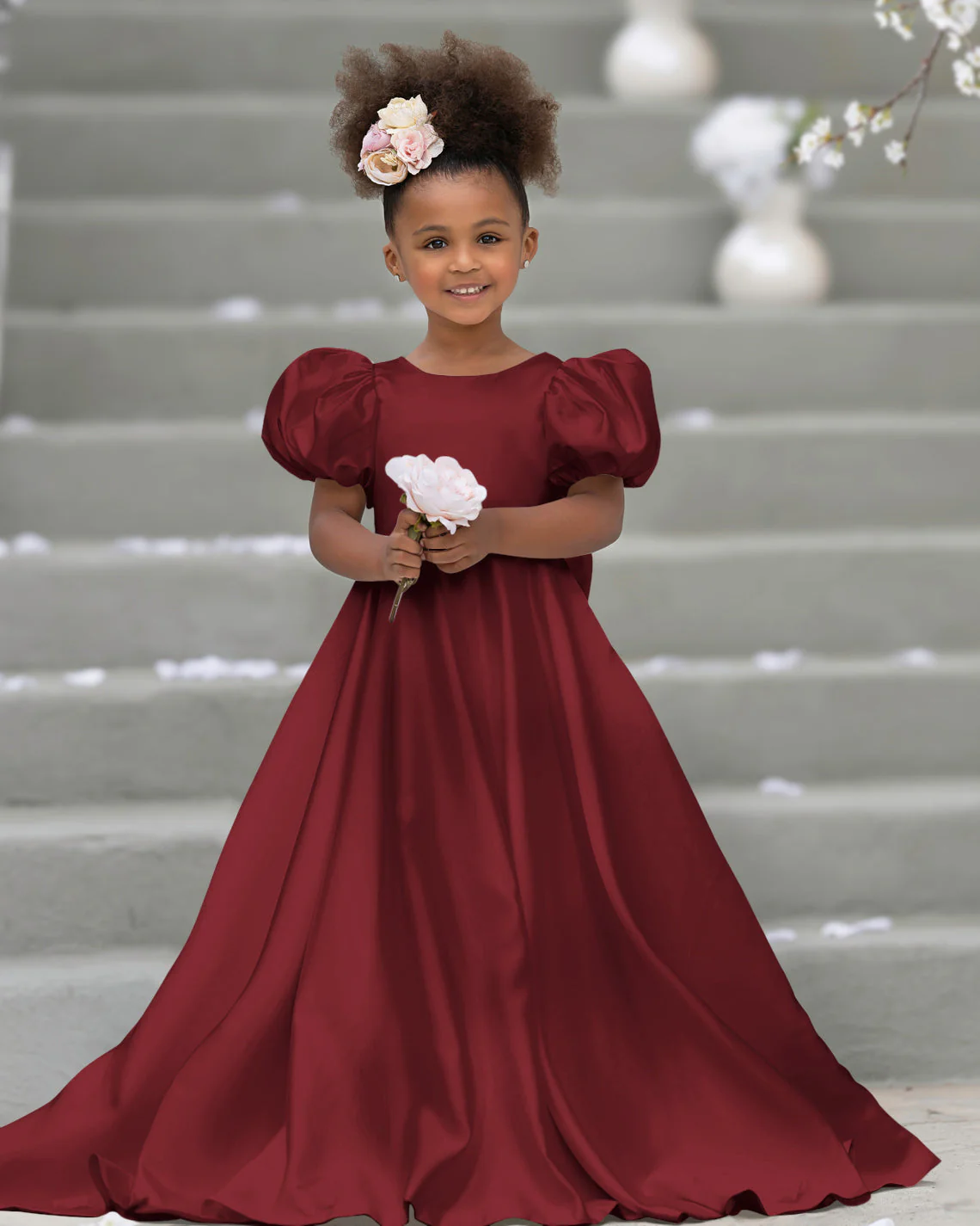 Puff Sleeve Bow Button Back Sweep Train Flower Girl Dress - Image 3