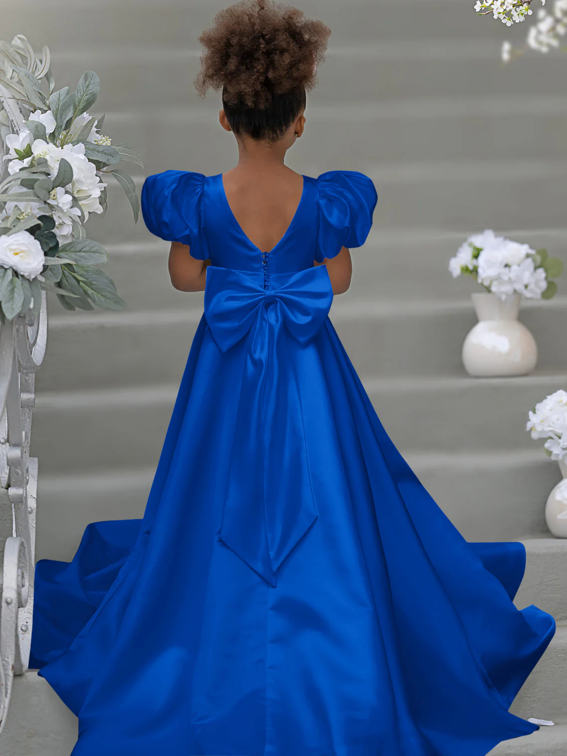 Puff Sleeve Bow Button Back Sweep Train Flower Girl Dress - Image 32