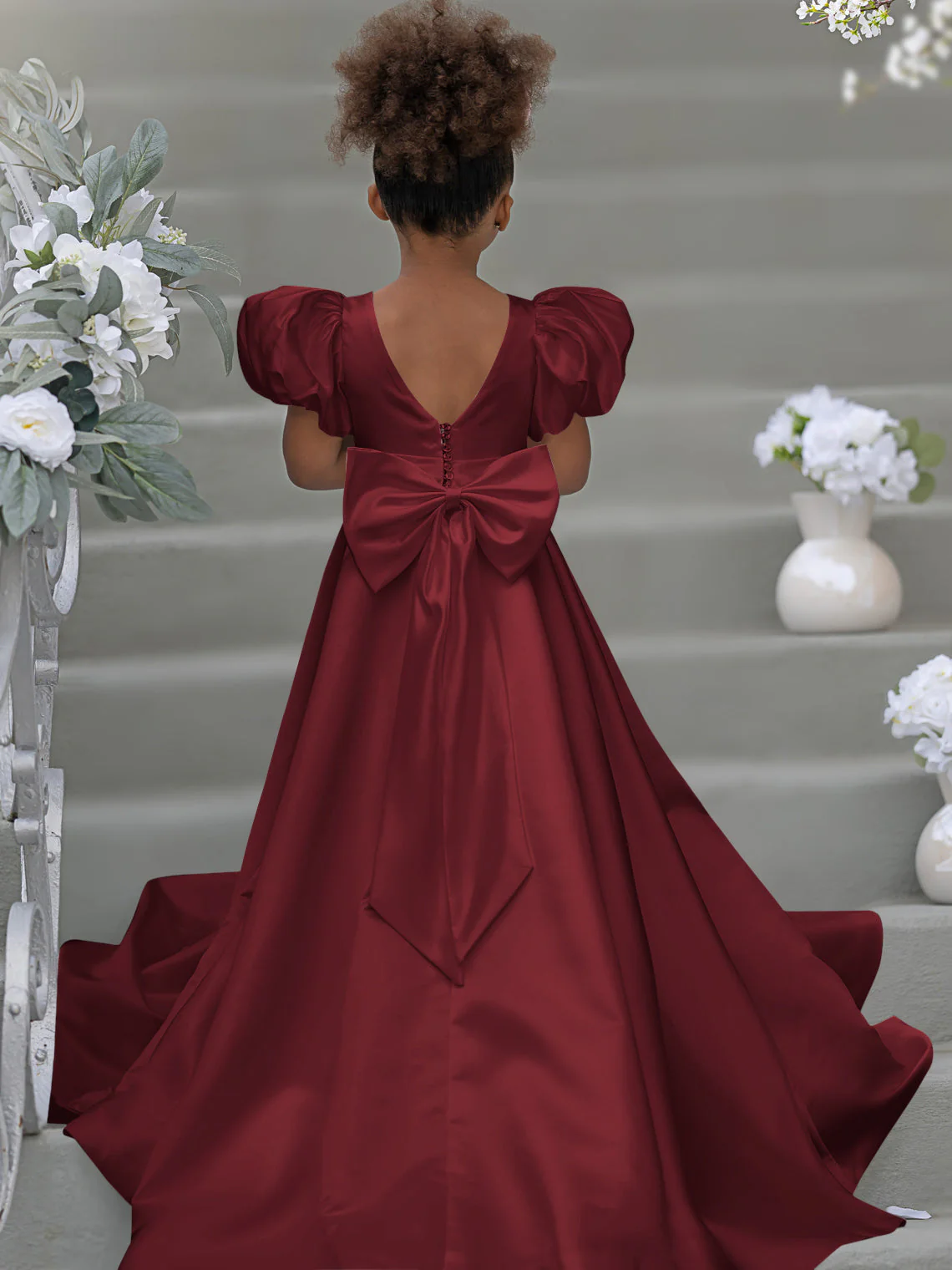 Puff Sleeve Bow Button Back Sweep Train Flower Girl Dress - Image 4