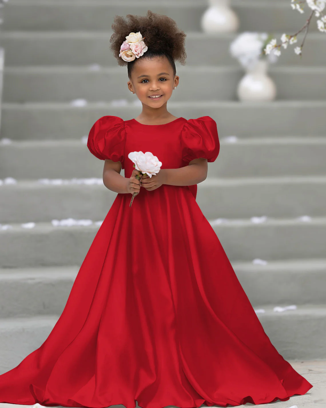 Puff Sleeve Bow Button Back Sweep Train Flower Girl Dress - Image 5