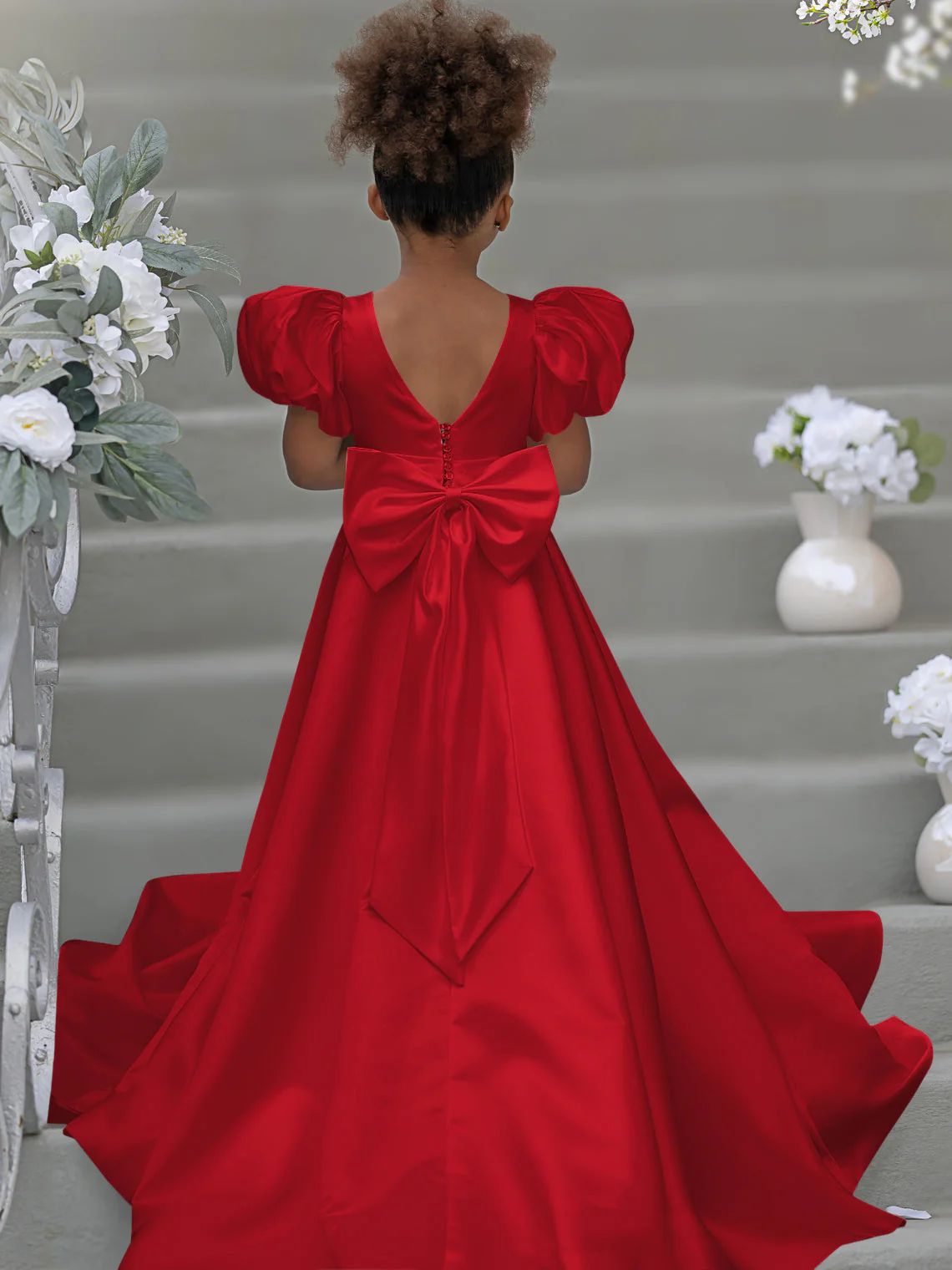 Puff Sleeve Bow Button Back Sweep Train Flower Girl Dress - Image 6