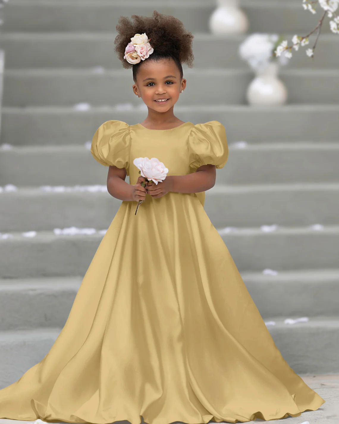 Puff Sleeve Bow Button Back Sweep Train Flower Girl Dress - Image 7