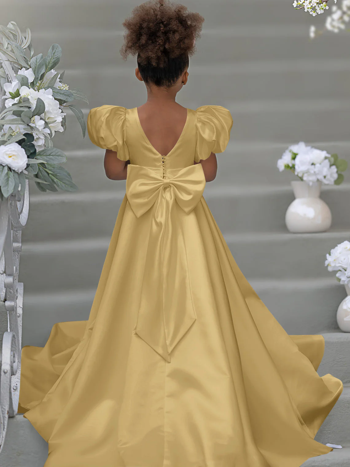 Puff Sleeve Bow Button Back Sweep Train Flower Girl Dress - Image 8