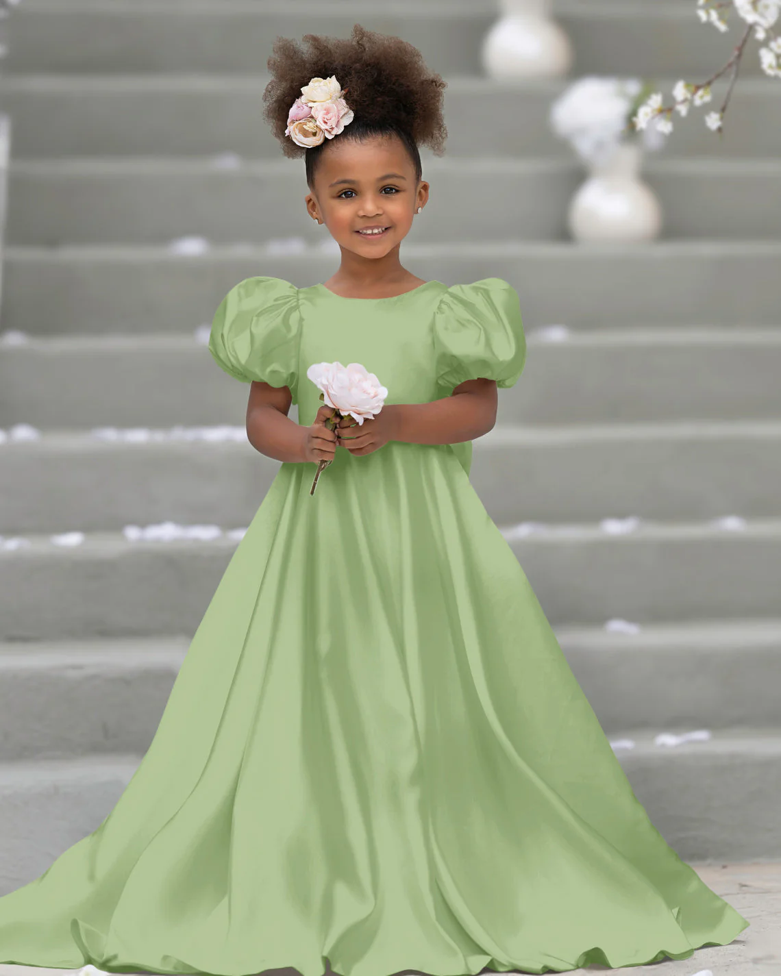Puff Sleeve Bow Button Back Sweep Train Flower Girl Dress - Image 9