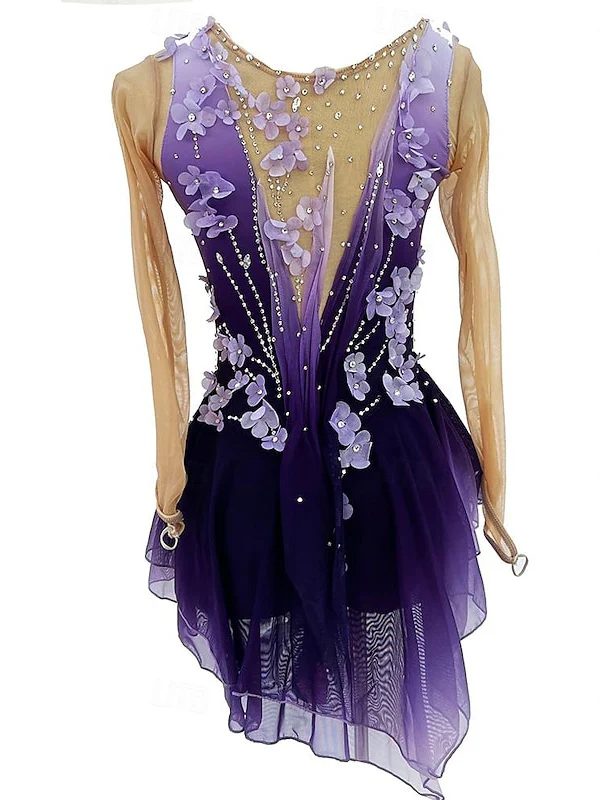 Purple Figure Skating Dress Wear Women's Girls' Long Sleeve Ice Skating Dress - Image 2