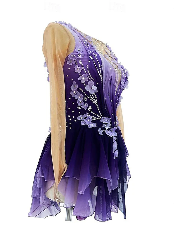 Purple Figure Skating Dress Wear Women's Girls' Long Sleeve Ice Skating Dress - Image 5