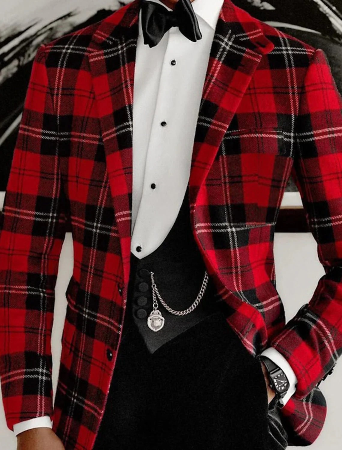Red Men's Tailored Fit Single Breasted Two-buttons Plaid Casual Jacket - Image 2