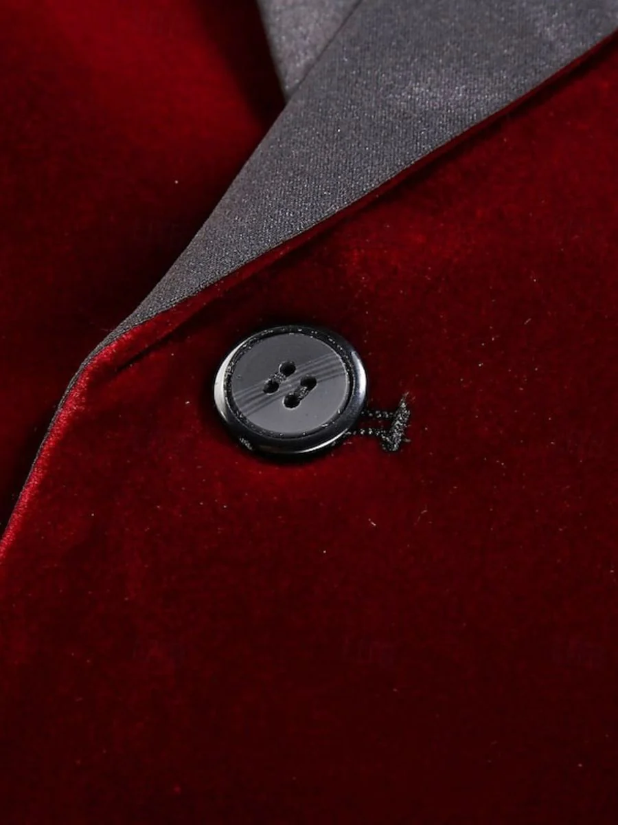 Red Men's Velvet Party Peak Neck Regular Single Breasted One-Button Blazer Jacket - Image 4