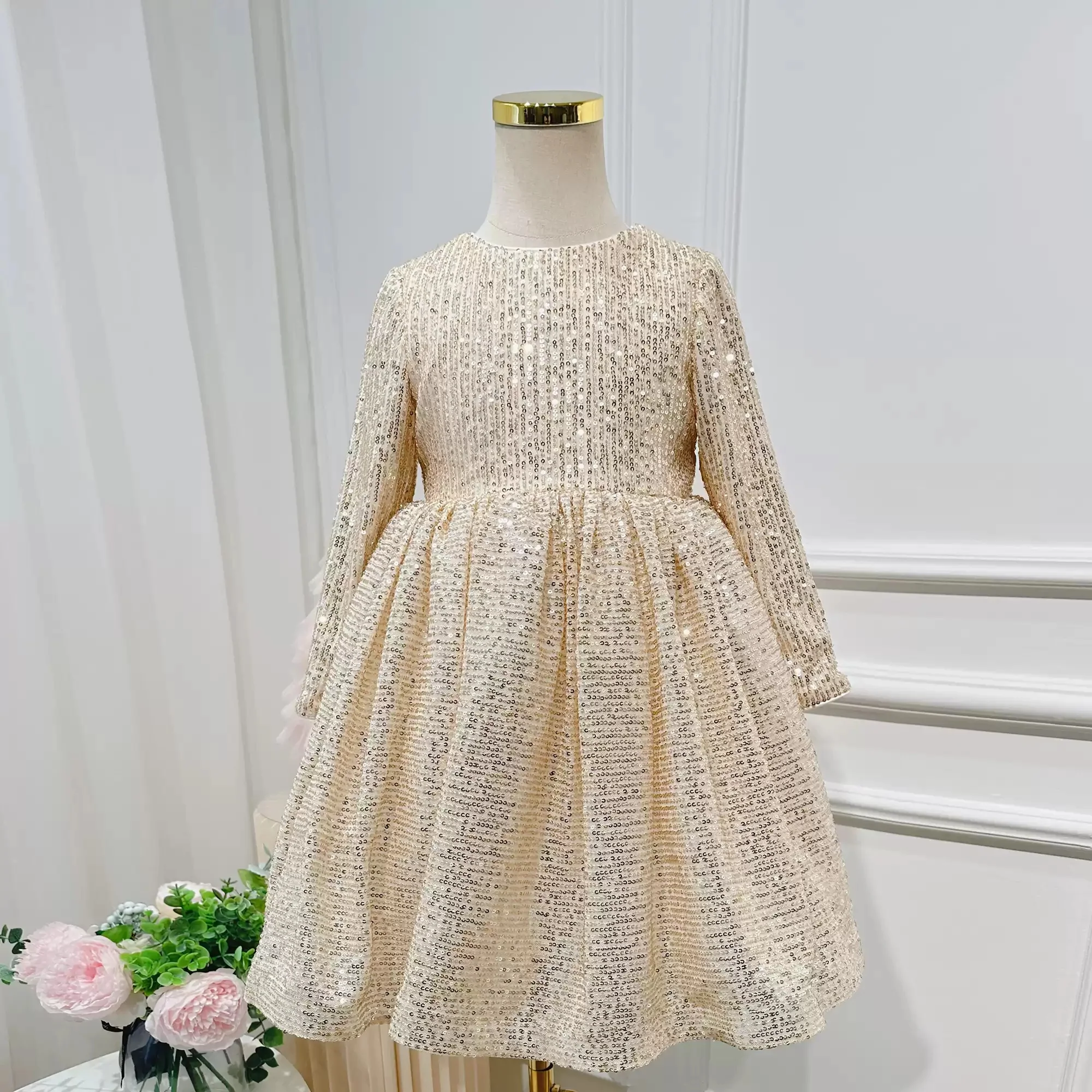 Round Neck Long Sleeves Floor Length Sequins Flower Girl Party Dress with Sash - Image 5