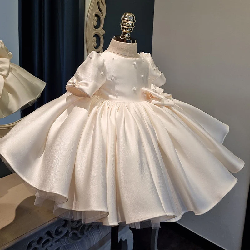 Round Neck Short Sleeves Knee Length Baby Flower Girl Dress with Beading Bow - Image 2