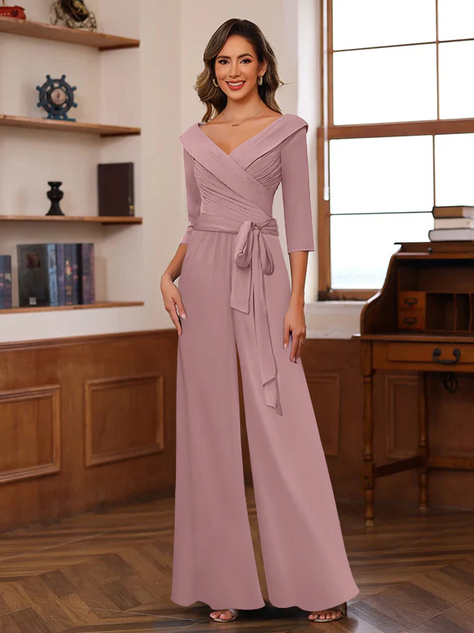 Ruched Chiffon V-Neck 3/4 Sleeves Mother of the Jumpsuit - Image 31