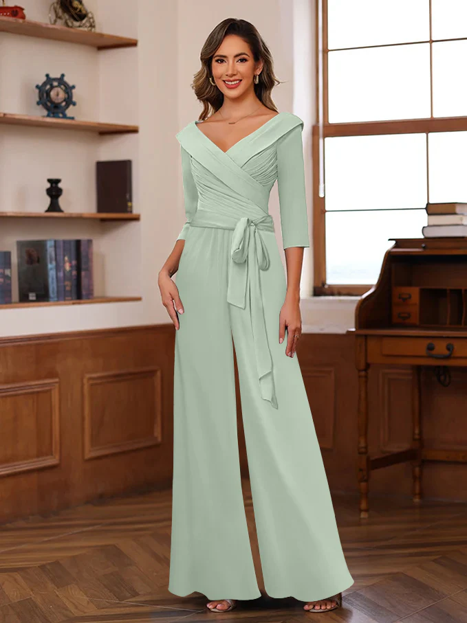 Ruched Chiffon V-Neck 3/4 Sleeves Mother of the Jumpsuit - Image 44