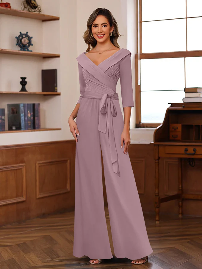 Ruched Chiffon V-Neck 3/4 Sleeves Mother of the Jumpsuit - Image 53