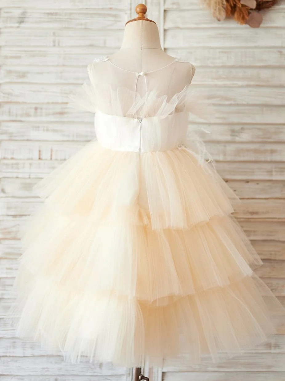 Satin Tulle Knee-length Champagne Flower Girl Dress - Image 3