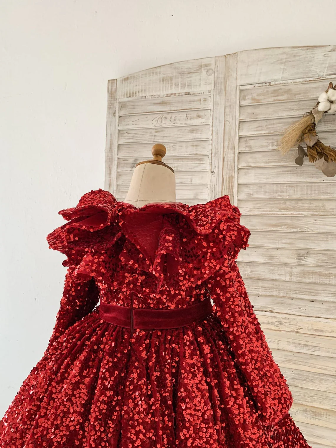 Sequins Velvet Knee-length Burgundy Girl Dress - Image 3