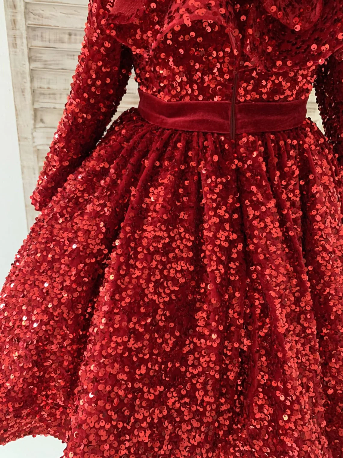Sequins Velvet Knee-length Burgundy Girl Dress - Image 7