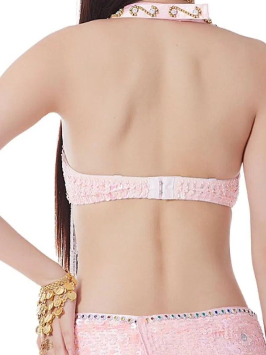Sexy Belly Dancewear Halter Sequins Tassel Sleeveless Bra with Rhinestone & Beading - Image 12